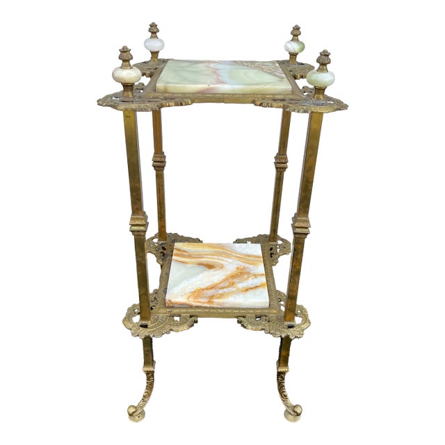 Mid 20th Century Art Nouveau Two-Tier Onyx and Brass Planter Stand For Sale