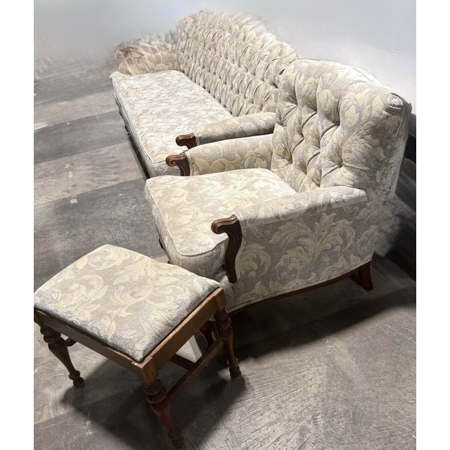 White French Provincial Style Tufted Sofa, Chair and Footstool For Sale - Image 8 of 8