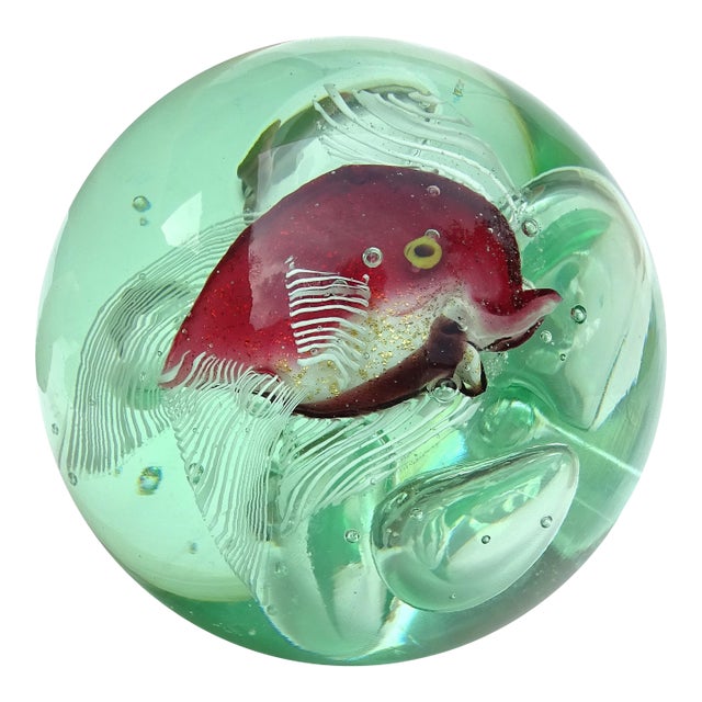 Murano Red Purple Gold Leaf Fish Large Bubbles Italian Art Glass Green Uv Reactive Paperweight, Cenedese Barbini For Sale