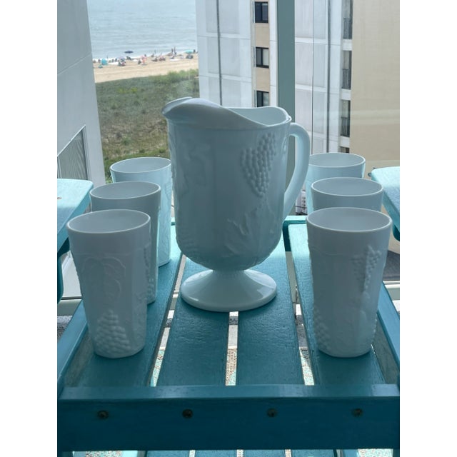 Mid-Century Indiana Heavy Milk Glass Paneled Colony Harvest Grape Vine Pitcher & Tumblers Set- 7 Pieces For Sale - Image 10 of 12