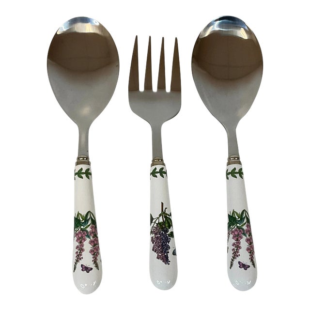 Vintage Portmeirion Botanical Garden Meat Fork & Pair of Serving Spoons Set - 3 Pieces. For Sale
