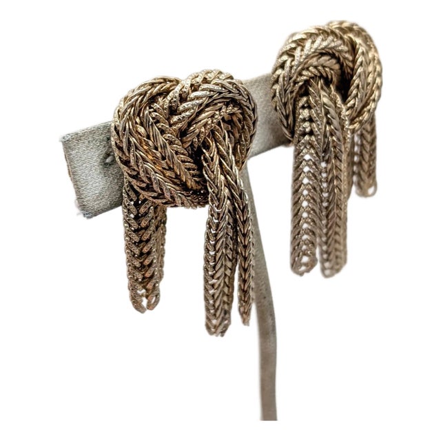 Vintage 1950s Signed Monet Goldtone Knot Fringe Clip Earrings For Sale