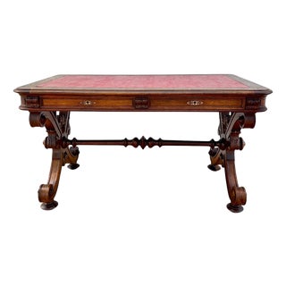 19th Century Spanish Carved Walnut Desk with Two Drawers & Strong Legs, 1890s For Sale