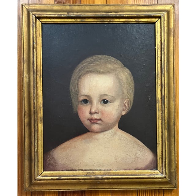 Antique 18th century English primitive folk art oil painting - portrait of a young boy in gilt wood frame. Measures 17...