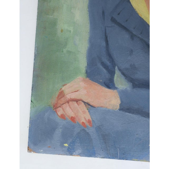 Vintage 1943 oil on artist board portrait painting of stylish red haired woman in blue suit and yellow blouse. Signed Cpl...