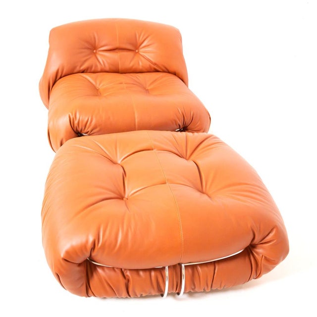 Afra & Tobia Scarpa 'Soriana' lounge chair with ottoman, made by Cassina in the 1970s reupholstered with cognac aniline...