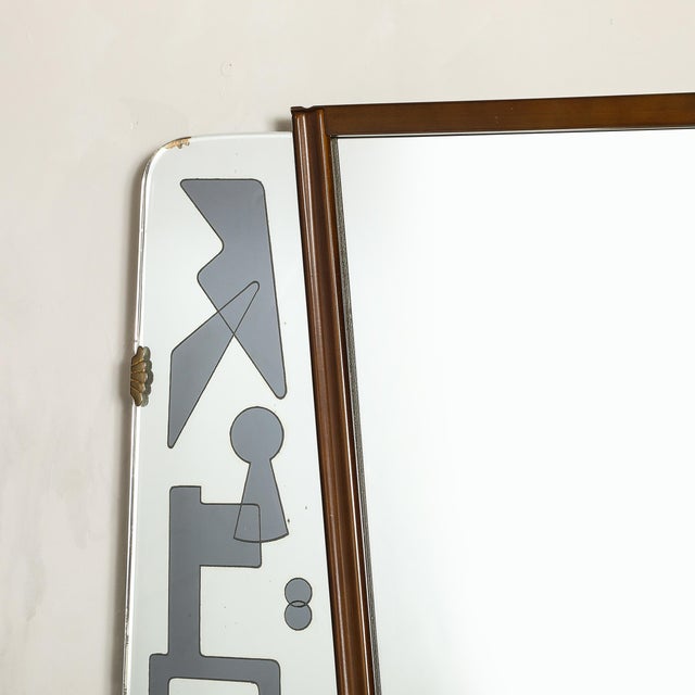 Mid-Century Reversed Etched & Smoked Wall Mirror With Sculptural Walnut Lining For Sale - Image 12 of 12