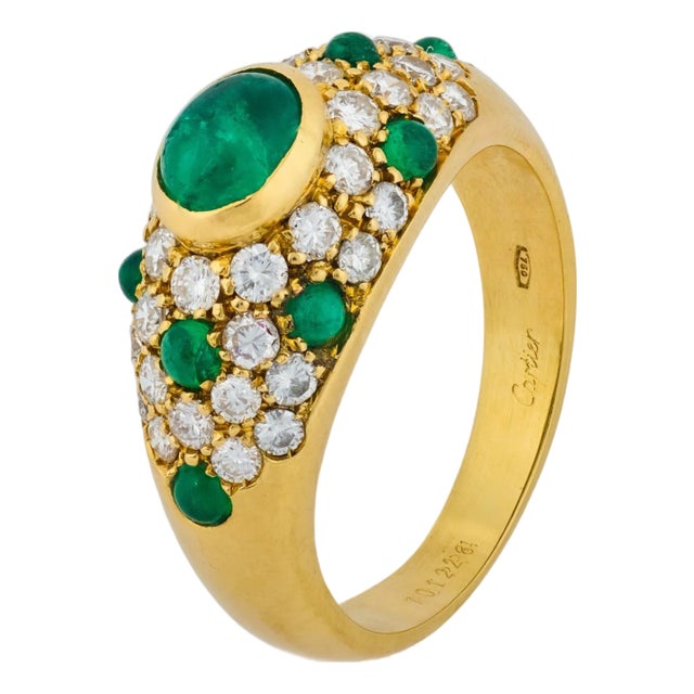 1990s Cartier Emerald Diamond 18k Yellow Gold Ring, Size 7 For Sale