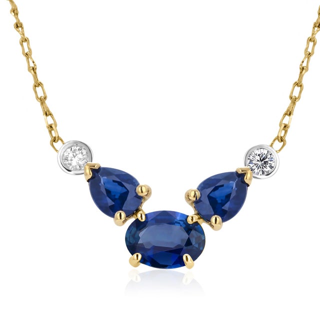 Modern Oval Pear Sapphires Diamonds 2.35 Carat Yellow and White Gold 16.5 Inch Necklace For Sale - Image 3 of 6