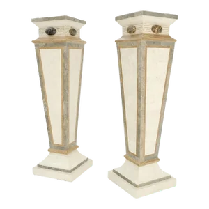 Tessellated Marble Tapered Square Obelisk Shape Pedestals Stands - A Pair