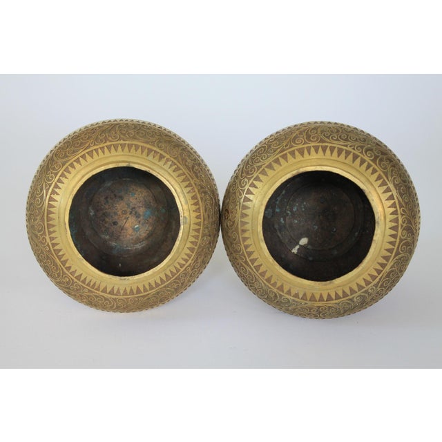 Vintage Etched Brass Asian Philippine Wedding Vessels or Urns - A Pair For Sale In Milwaukee - Image 6 of 15