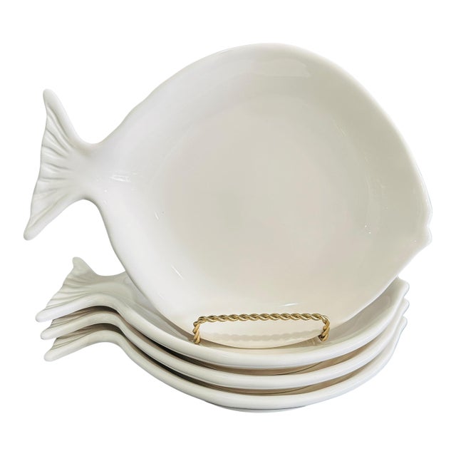 Set of 4 Vintage Pottery Barn Seashore Fish Plates | White Stoneware Figural Appetizer Salad Plates | Retired 2007 Collection | Coastal Chic For Sale