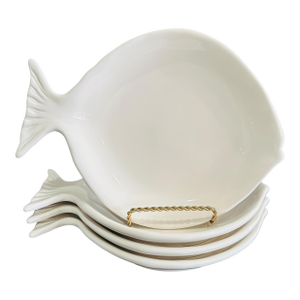 Set of 4 Vintage Pottery Barn Seashore Fish Plates | White Stoneware Figural Appetizer Salad Plates | Retired 2007 Collection | Coastal Chic