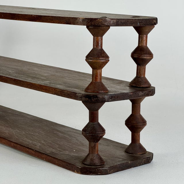 Vintage French Salvaged Bobbin Reels 3 Tier Wood Shelving Unit, Table/Counter Top Etageres For Sale - Image 10 of 18