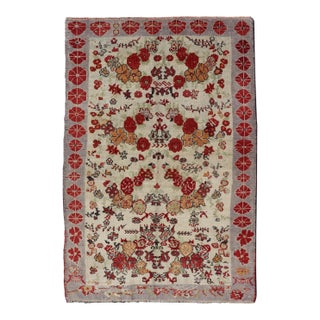 Vintage Turkish Oushak Rug in All-Over Flower Design Background & Simple Boteh Border For Sale