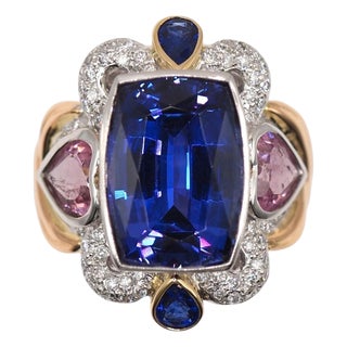 Natural Diamond 0.62cts & Tanzanite 10.90cts Ring in 14k Gold, Size 3 For Sale
