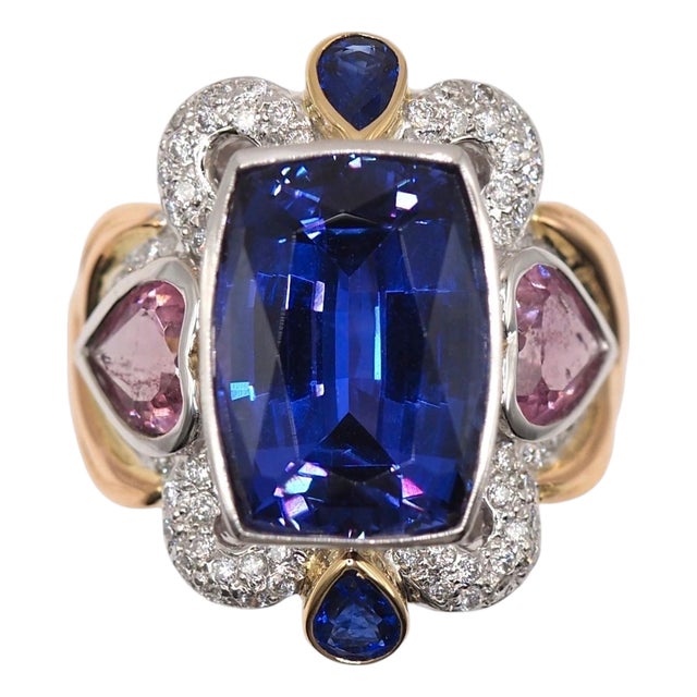Natural Diamond 0.62cts & Tanzanite 10.90cts Ring in 14k Gold, Size 3 For Sale