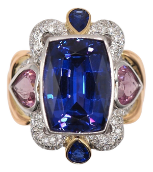 Natural Diamond 0.62cts & Tanzanite 10.90cts Ring in 14k Gold, Size 3