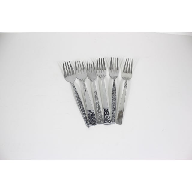 1960s Curated Set of 6 Mid Century Modern Stainless Steel Dinner Forks, Mismatched For Sale - Image 4 of 10