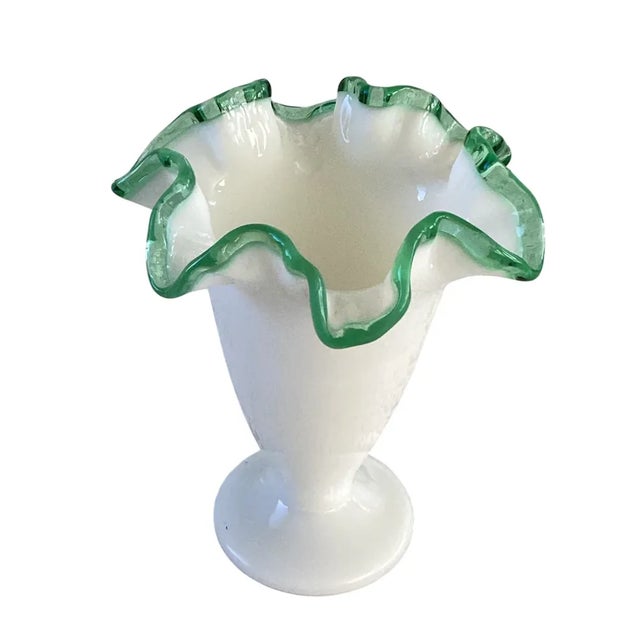 Nora Fenton Vintage Fenton Emerald Green Crest Rim Crimped Ruffled Lip Vase For Sale - Image 4 of 7