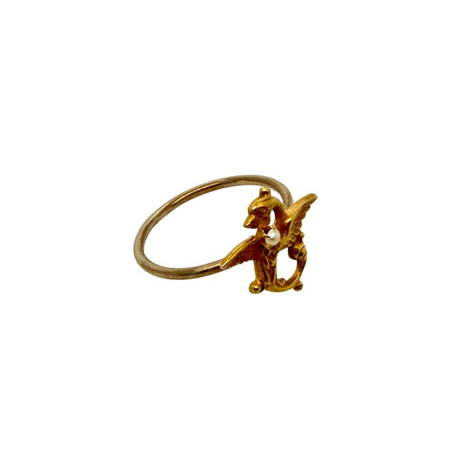 Victorian Mid 19th Century Victorian 14k Gold Griffin Ring With Seed Pearl – Conversion Jewelry, Size 7 For Sale - Image 3 of 4