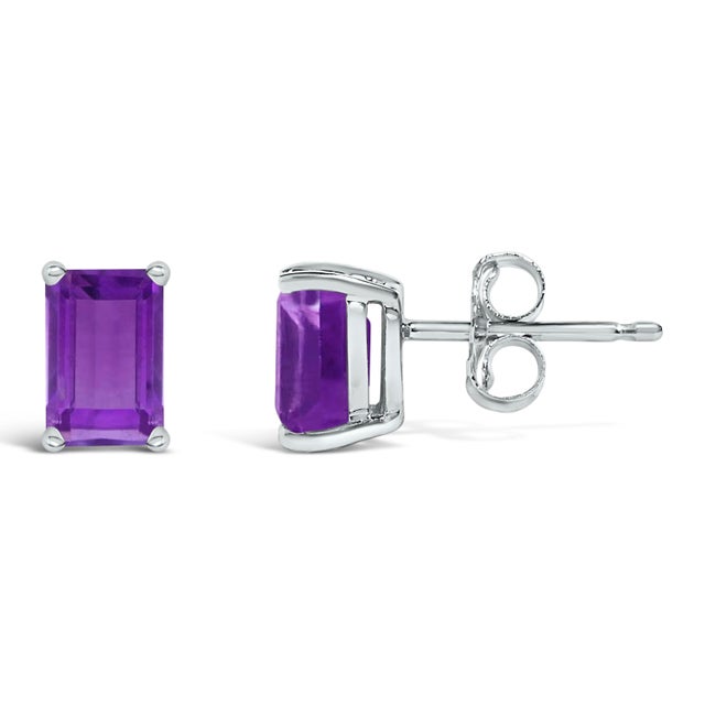 Contemporary 14K White Gold 6x4MM Emerald Shaped Amethyst Solitaire Stud Earrings For Sale - Image 3 of 5