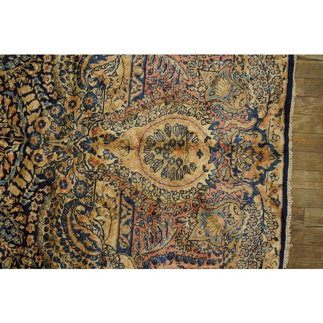 1930s Blue Navy Medallion Antique Persian Millefleur Kerman Rug 11'" X 17'4" Handwoven Wool Carpet For Sale - Image 4 of 5