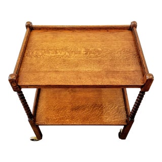 Antique English Oak Turned Spool Leg Bar Cart / Tea Trolley / Serving Cart For Sale