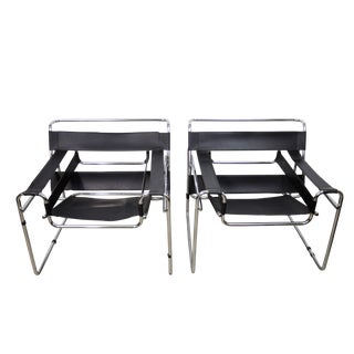 Pair of Marcel Breuer Wassily Chairs, Black Leather For Sale