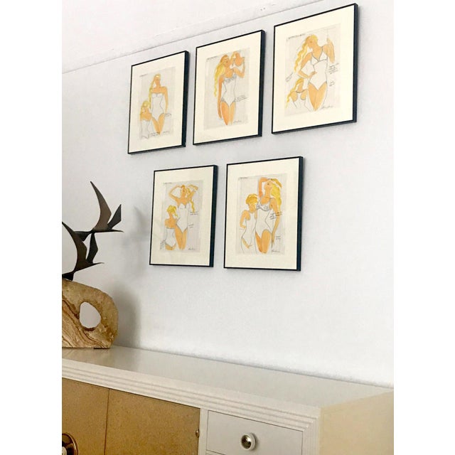 A suite of five fashion illustrations of swimming suites by Antonio Lopez (1943-1988). All in pencil and watercolor in the...