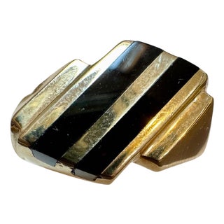 Two Stripes Black Onyx Men's Ring 14 Karat Yellow Gold, Size 11, UNISEX For Sale