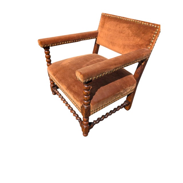 1980s Brown Velvet Armchair With Nailhead Trim Wooden Frame Accent Chair For Sale - Image 4 of 5