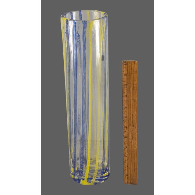 Vintage Attributed Murano Art Glass Striped Ribbon Motif Cylindrical Tube Vase For Sale - Image 6 of 8