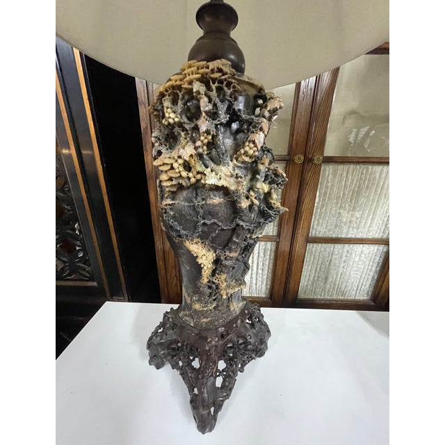 Late 19th Century Antique Chinese Elaborately Carved Natural Hard-Stone Table Lamps—A Pair For Sale - Image 5 of 18