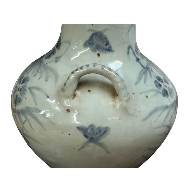 Vintage Fade Gray White Pale Blue Floral Graphic Ceramic Vase For Sale - Image 10 of 11