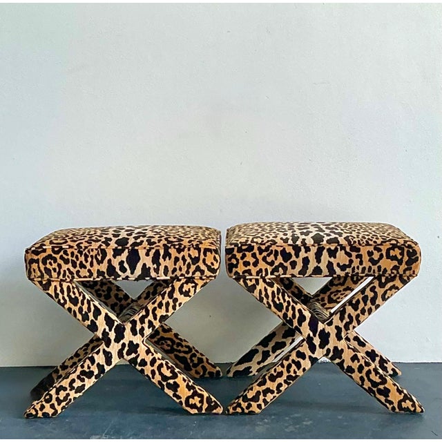 Vintage Leopard Velvet X-Base Stools - A Pair For Sale - Image 17 of 17
