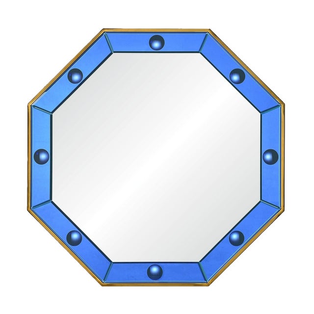 Bunny Williams for Mirror Home Octagonal Mirror, Blue Mirror & Polished Brass For Sale