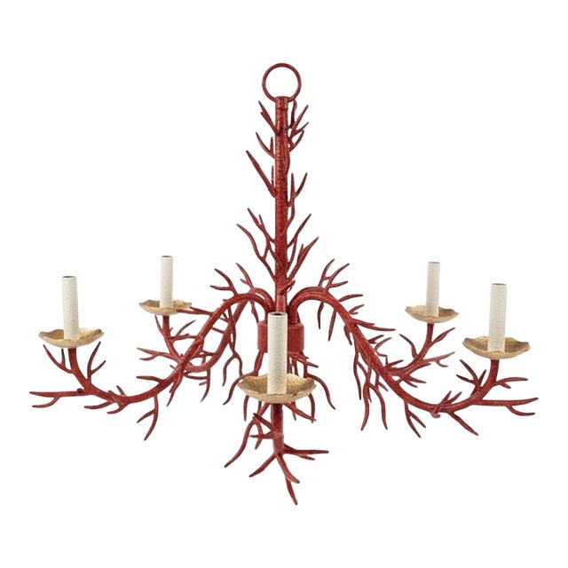 Chic Vintage Late 20th Century Bespoke Turtle and Crane Palm Beach Regency Hand-Glazed Red Faux Coral 5-Light Chandelier - Newly Painted For Sale