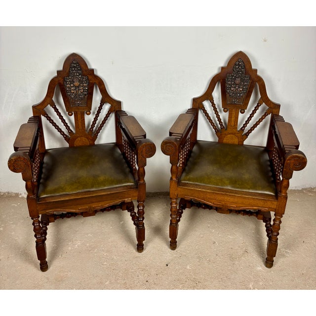 Spanish Revival Armchairs with Carved Crest, 1920s, Set of 2 For Sale - Image 3 of 11