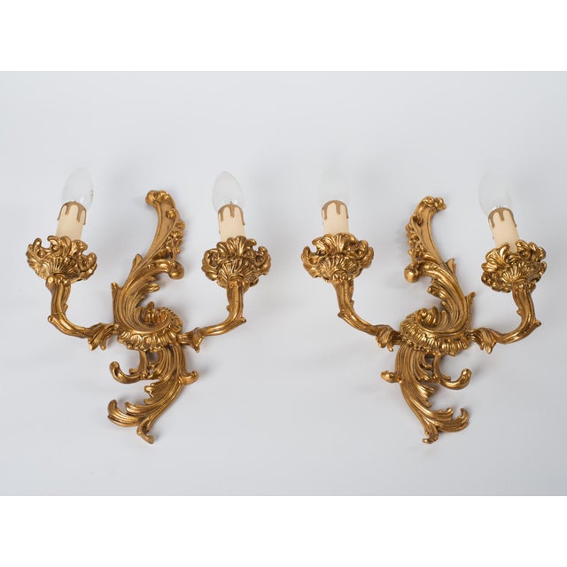 1950s Spanish Rococo Gilt Brass 2-Light Wall Sconces - A Symmetrical Pair For Sale - Image 4 of 9