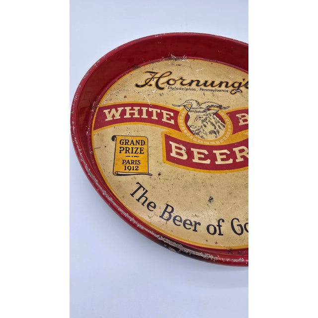 Mid 20th Century Vintage Hornung's White Bock Beer Metal Tray Round Philadelphia For Sale - Image 5 of 11