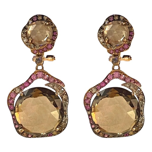 Mid 20th Century 14k Yellow Gold Smoky Quartz and Diamond Dangle Earrings - 2 Pieces For Sale