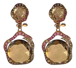 Mid 20th Century 14k Yellow Gold Smoky Quartz and Diamond Dangle Earrings - 2 Pieces