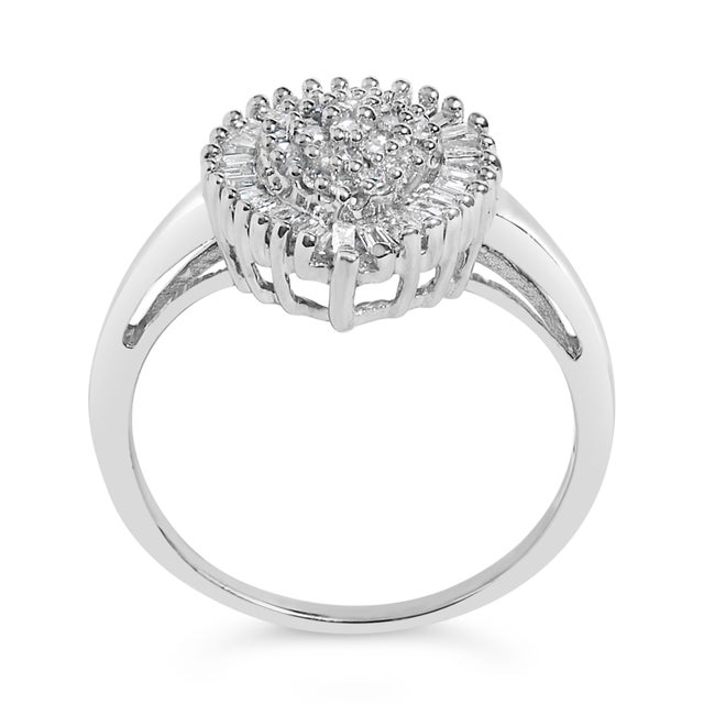 10K White Gold 1/2 Cttw Round & Baguette Cut Diamond Pear Shaped Domed Pav�� Cluster with Halo Cocktail Ring (H-I Color, SI1-SI2 Clarity) - Size 6 For Sale In New York - Image 6 of 7