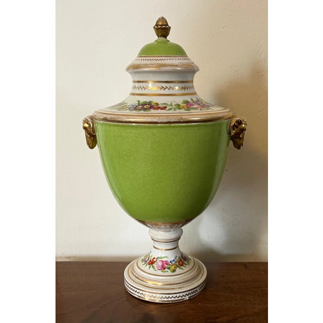 English Antique Early 19th Century English Regency Coalport Porcelain Urn Vase With Goat Mask Handles in Apple Green Glaze Circa 1810 For Sale - Image 3 of 13