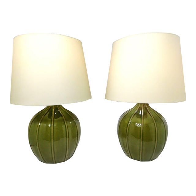 Vintage Tanner Kenzie Avocado Green Ceramic Gourd Lamps - Pair For Sale