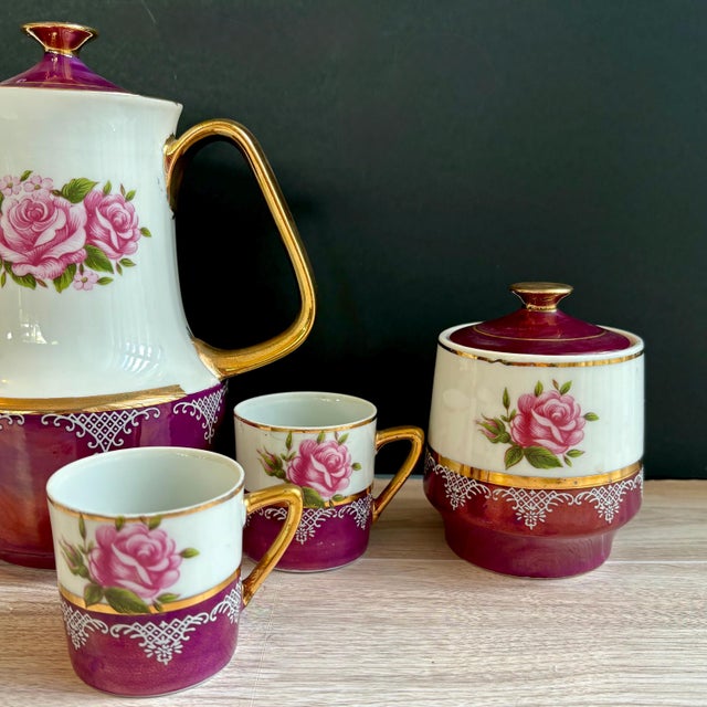 Vintage Japan Tea/Coffee Set With Iridescent Purple & Gold Details by Vandel – 7 Pc Set For Sale - Image 4 of 8