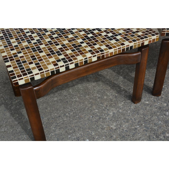 1970s Pair Mid Century Modern Side Tables Teak Wood & Mosaic Tile Top Copper Cream Black For Sale - Image 4 of 13