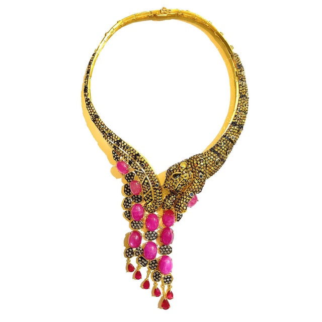 Bochic “Capri” Vintage Diamond, Ruby & Fancy Sapphire Necklace Set 18K & Silver For Sale - Image 10 of 15