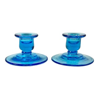 1940s Art Deco Boho Chic Hollywood Regency Depression Era Pressed Glass Candle Holders - A Pair For Sale